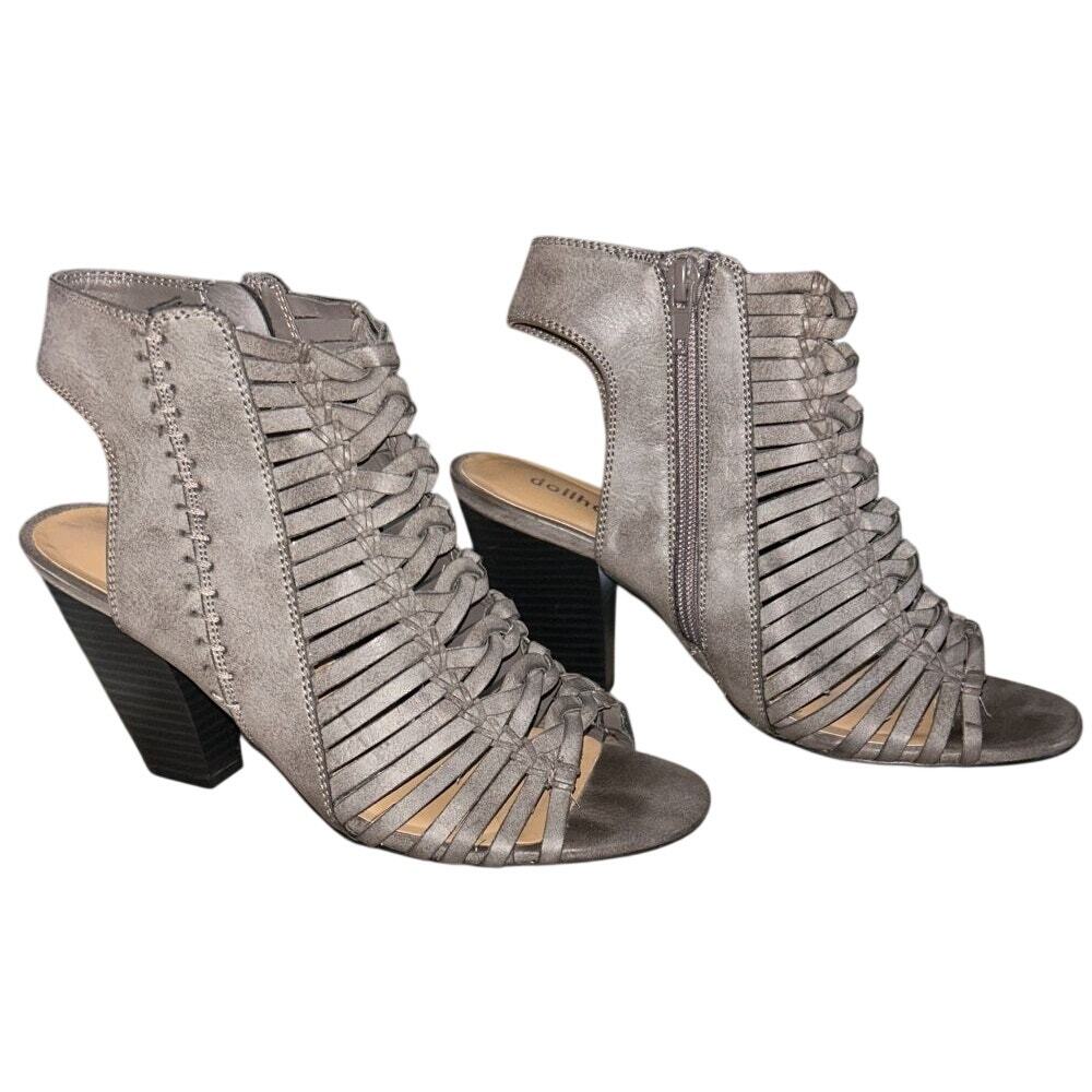 Dollhouse Faux Leather Strappy 3" Block Heel Gray Sandals 7.5